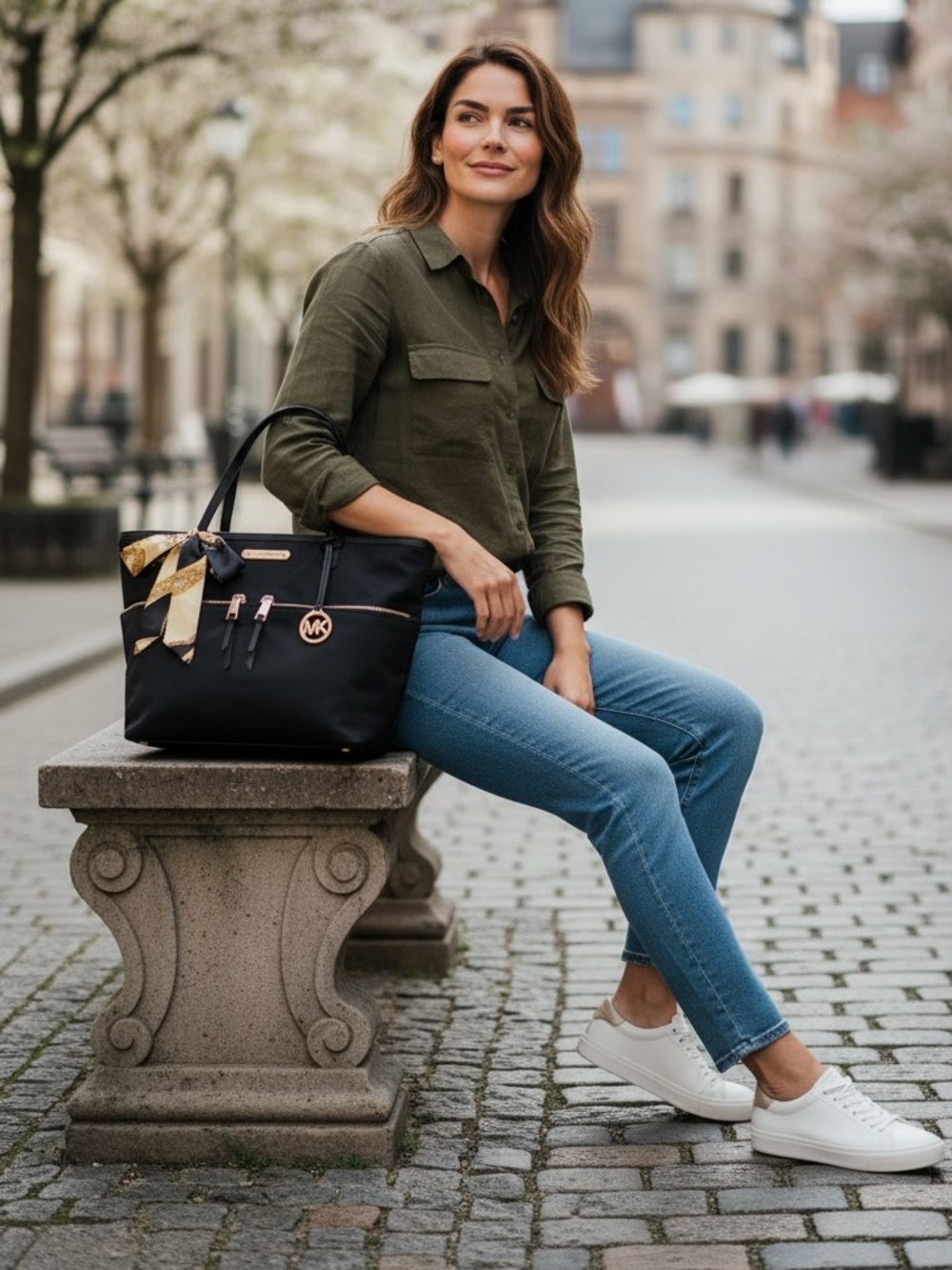 Michael Kors Black Tote with Gold Accents and Scarf Detail